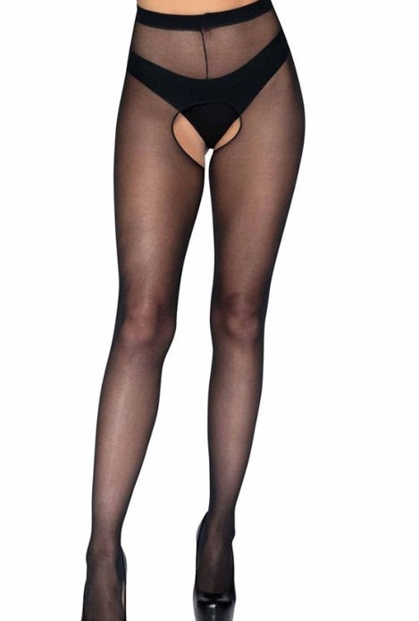Black 5 Denier Smoothing Open Crotch Crotchless Tights Pantyhose Stockings - 2 PACK